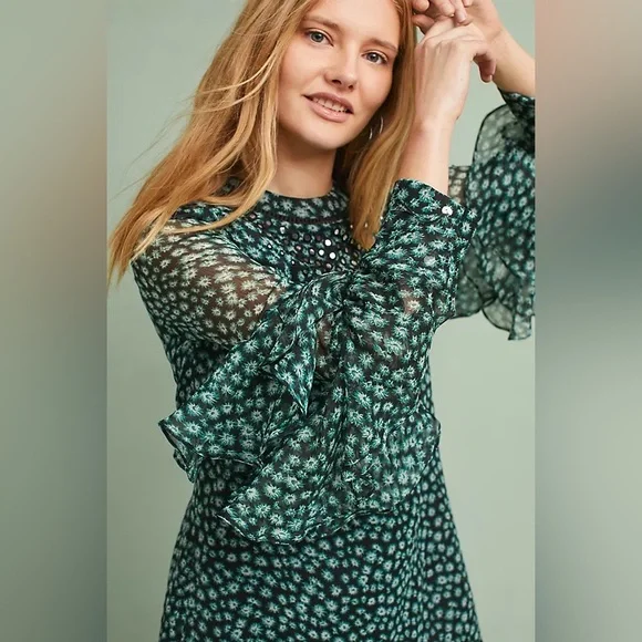 Anthropologie Ranna Gill Green Fluttered embroidered Boho Mini Dress XS NWOT - Picture 2 of 10